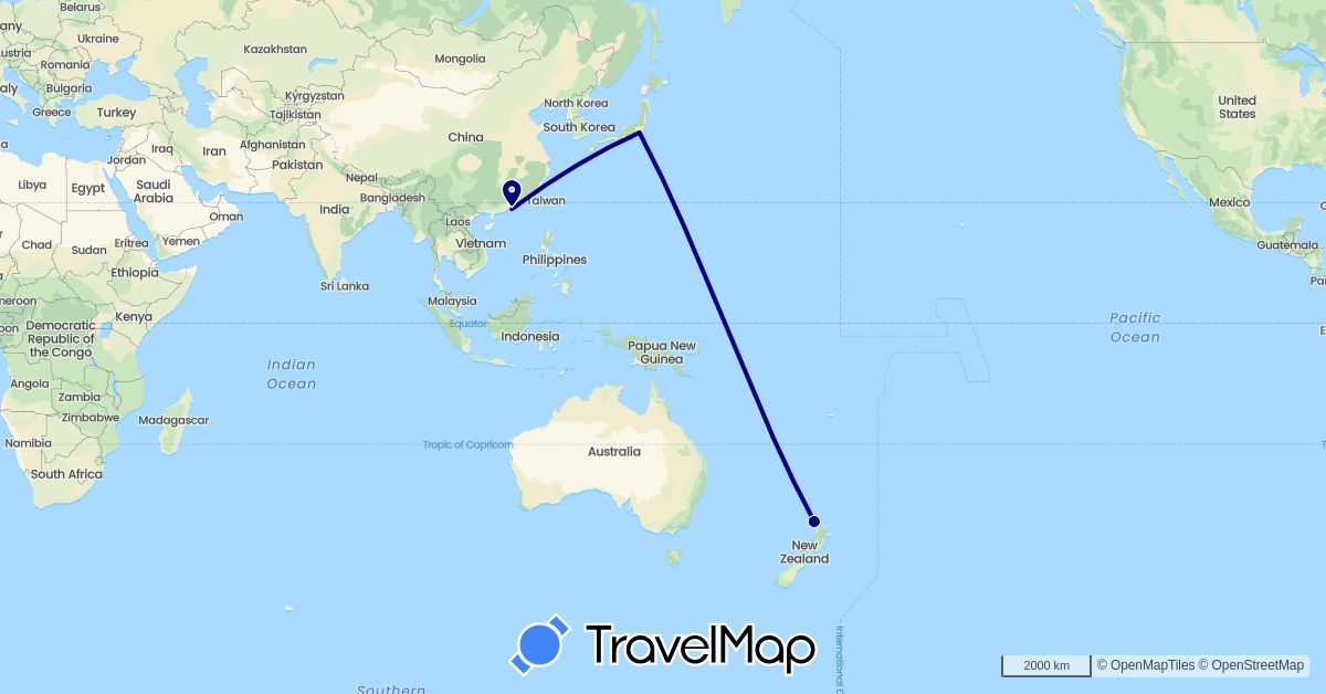 TravelMap itinerary: driving in China, Japan, New Zealand (Asia, Oceania)